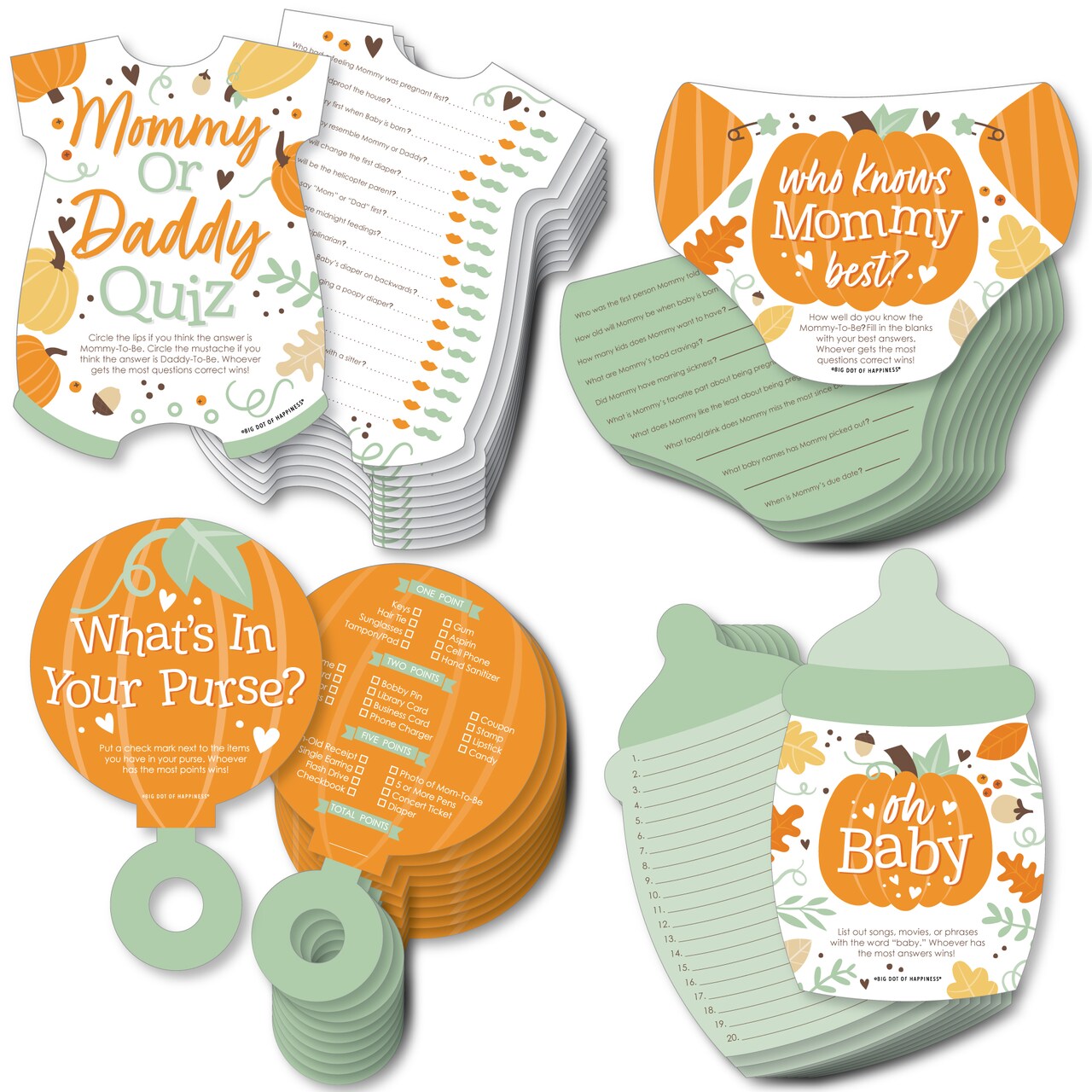 Big Dot of Happiness Little Pumpkin - Baby Shower Games Who Knows Mommy Best, Mommy or Daddy Quiz, What’s in Your Purse and Oh Baby - Gamerific Bundle